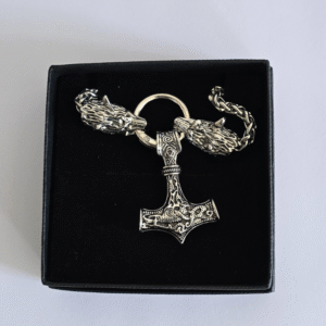 Men's Viking Heavy Weight Medieval Wolf Head with Thor's Hammer Pendant Necklace