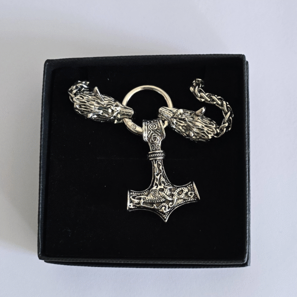 Men's Viking Heavy Weight Medieval Wolf Head with Thor's Hammer Pendant Necklace