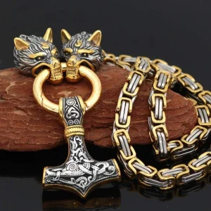 Men's Stainless Steel Viking Medieval Wolf Head with Thor's Hammer Pendant Necklace